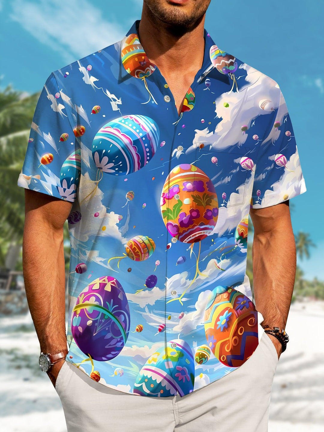 Alohadaddy Hawaii Easter Easter Egg Blue Sky Print Art Pocket Buttons Plus Size Stretch Shirt