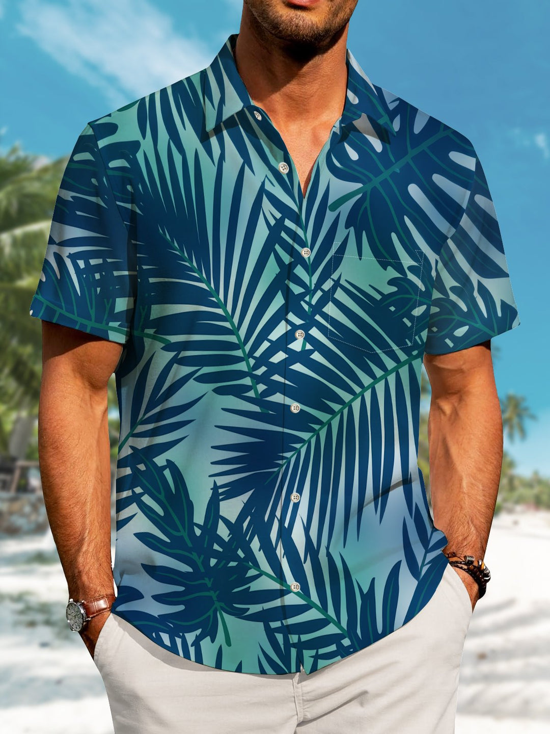 Alohadaddy Hawaiian Casual Plants Palm Leaves Print Art Pockets Buttons Elastic Large Size Shirt