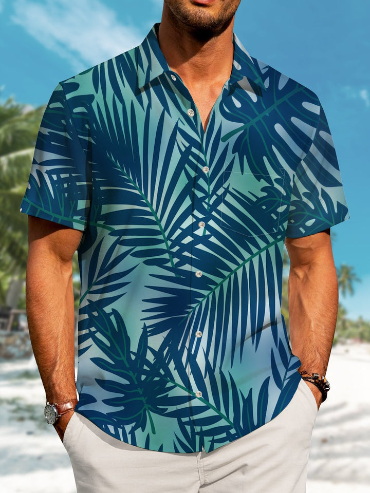 Alohadaddy Hawaiian Casual Plants Palm Leaves Print Art Pockets Buttons Elastic Large Size Shirt