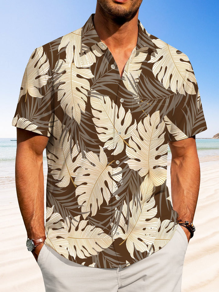 Alohadaddy Hawaiian Contrasting Palm Leaves Print Art Pockets Buttons Stretch Oversized Shirt