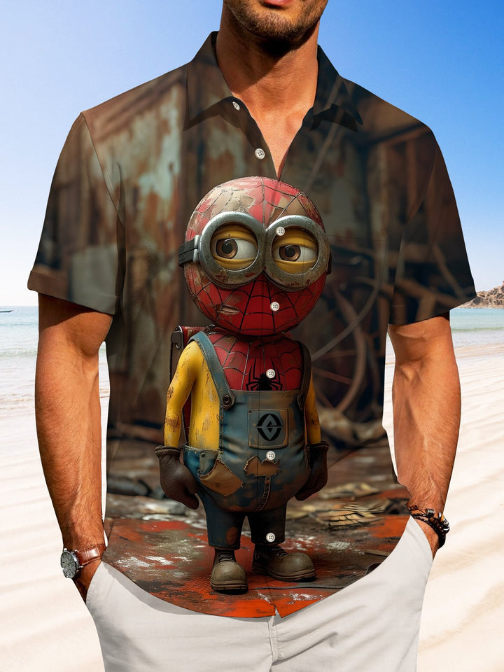 Alohadaddy Casual Collection Minions Spiderman Print Art Button Cardigan Pocket Stretch Oversized Short Sleeve Shirt