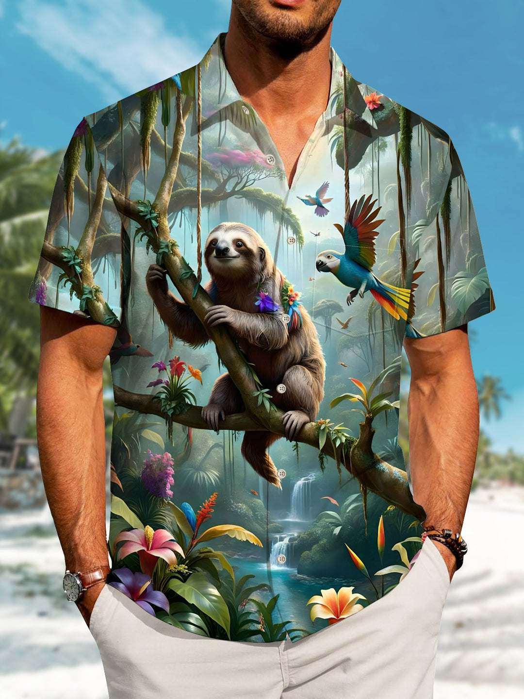 Alohadaddy Hawaiian Sloth Art Print Button Cardigan Pocket Stretch Large Size Long Short Sleeve Shirt