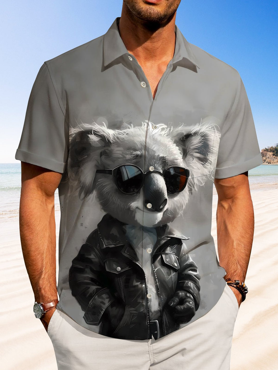 Alohadaddy Casual Koala Oil Painting Print Art Button Cardigan Pocket Stretch Large Size Polyester Short Sleeve Shirt