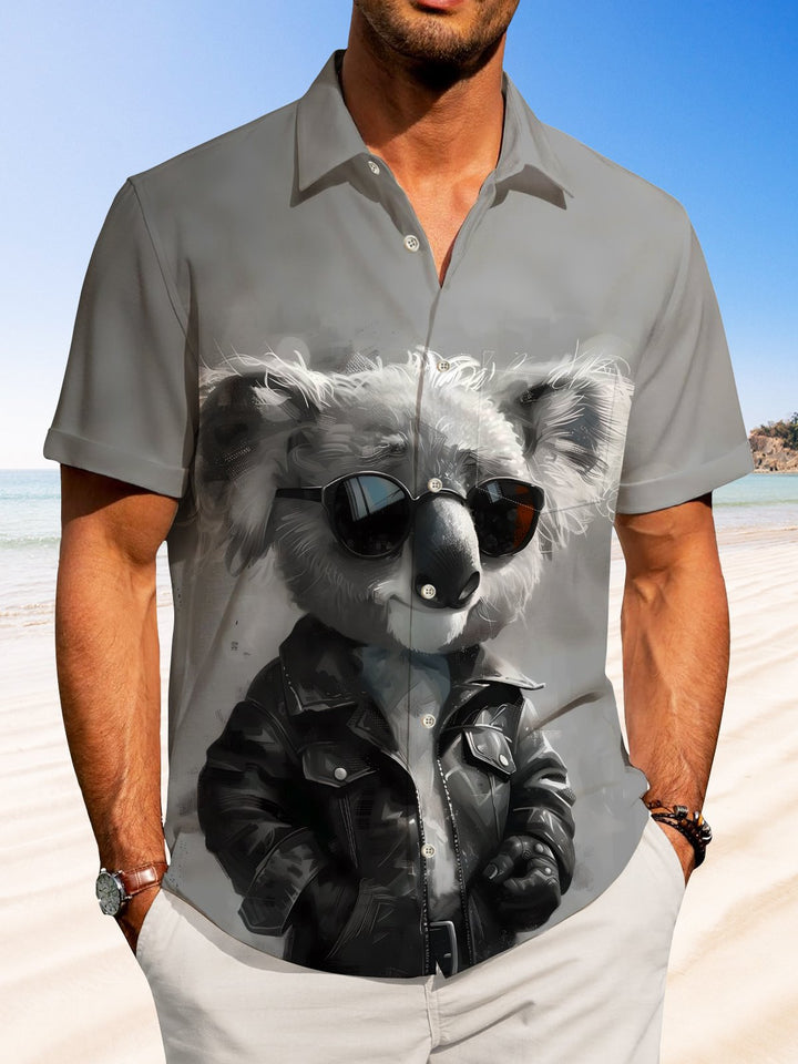 Alohadaddy Casual Koala Oil Painting Print Art Button Cardigan Pocket Stretch Large Size Polyester Short Sleeve Shirt