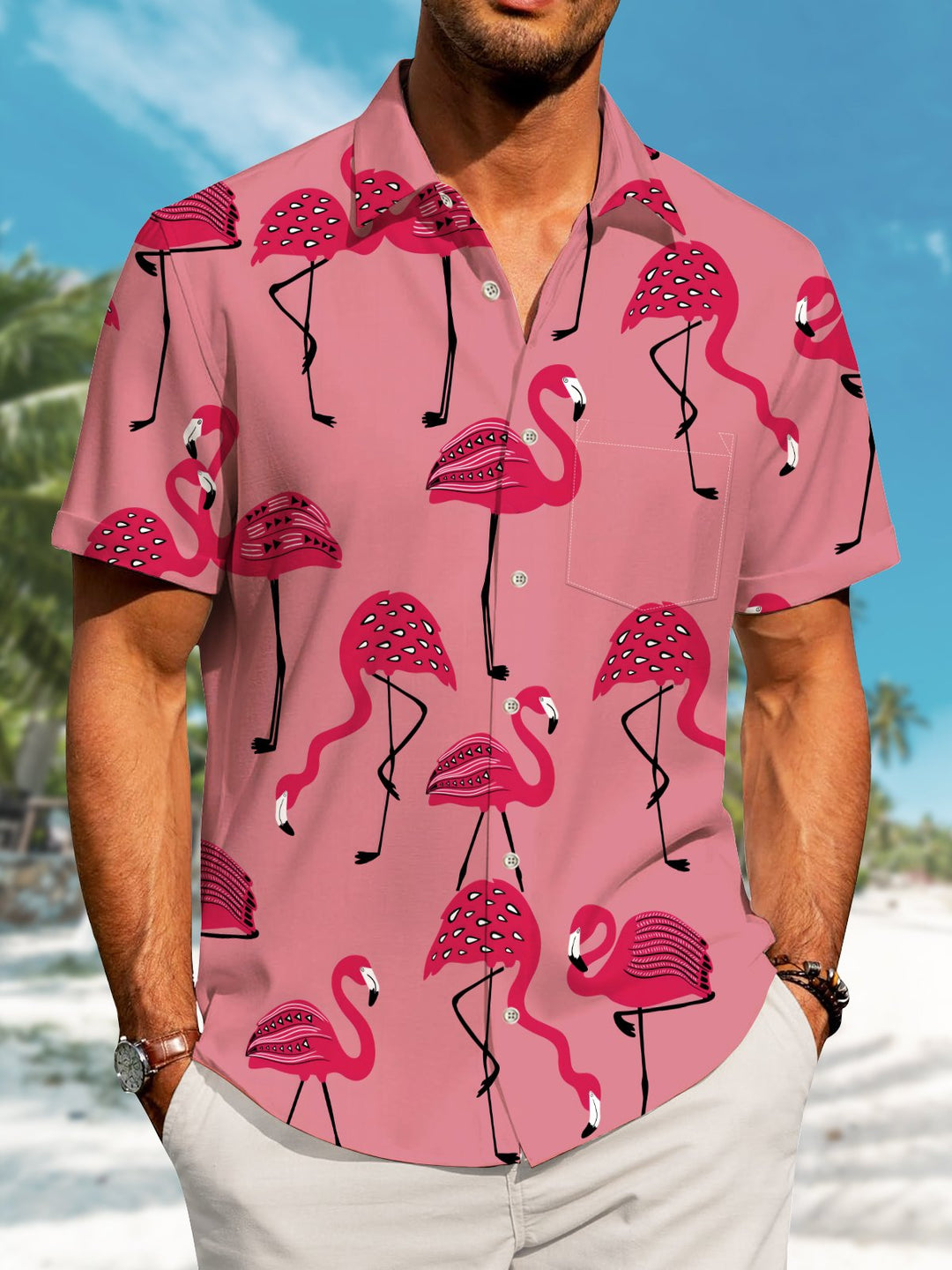 Alohadaddy Hawaiian Flamingo Vacation Print Art Button Cardigan Pockets Large Size Long Short Sleeve Polyester Shirt