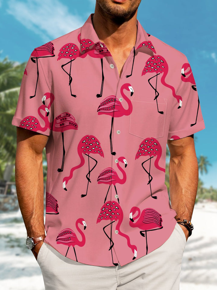 Alohadaddy Hawaiian Flamingo Vacation Print Art Button Cardigan Pockets Large Size Long Short Sleeve Polyester Shirt