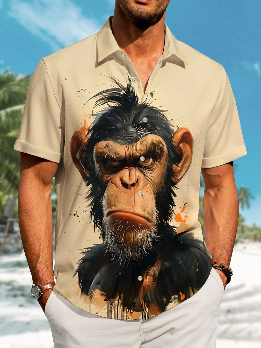 Alohadaddy Casual Collection Oil Painting Angry Orangutan Print Art Button Cardigan Pocket Elastic Oversized Short Sleeve Shirt