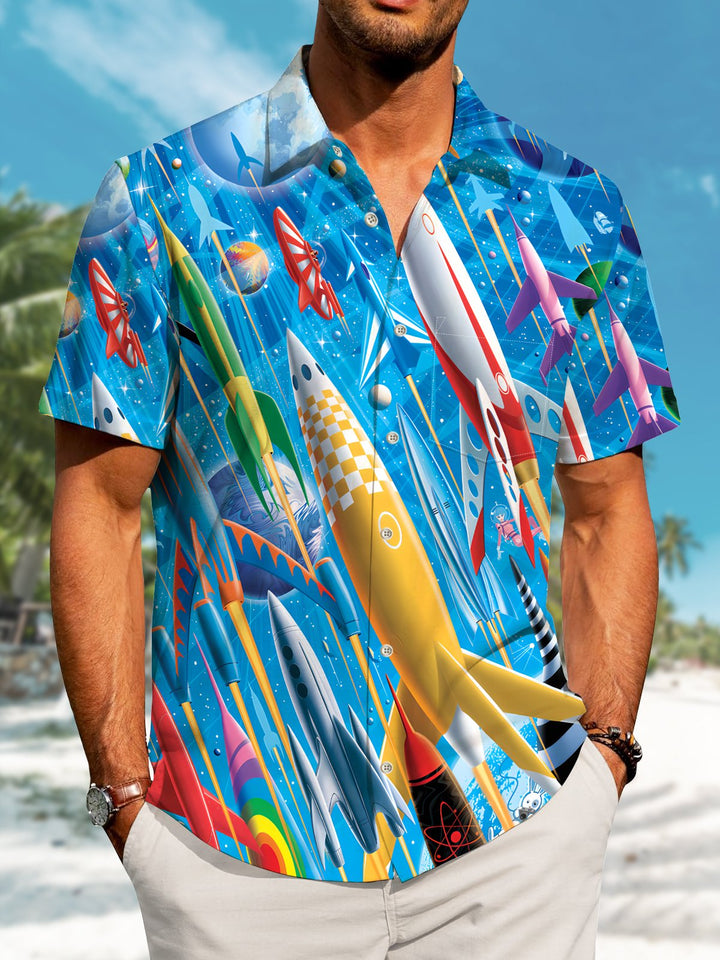 Alohadaddy Hawaiian Casual Rocket Art Button Cardigan Pocket Stretch Large Size Long Short Sleeve Shirt