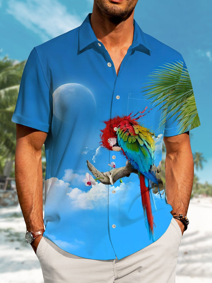 Alohadaddy Hawaiian Parrot Art Print Button Cardigan Pocket Stretch Polyester Long Oversized Short Sleeve Shirt