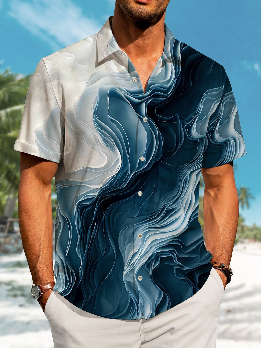 Alohadaddy Casual Collection Gradient Textured Print Art Button Cardigan Pocket Stretch Long Oversized Shirt