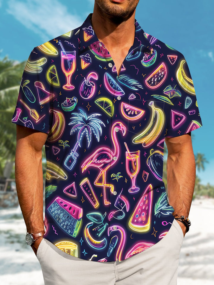 Alohadaddy Hawaiian Vacation Flamingo Wine Glass Palm Tree Print Art Loose Cardigan Button Pocket Stretch Long Large Size Short Sleeve Shirt