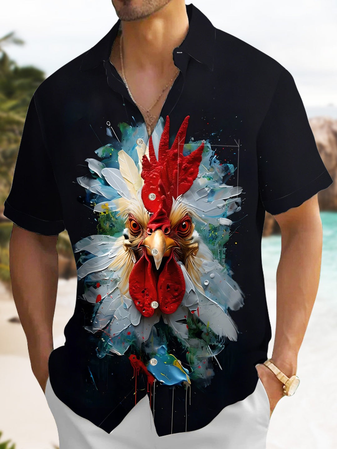 Alohadaddy Casual Collection Moisture-wicking Rooster Painting Print Chest Pocket Stretch Oversized Hawaiian Short Sleeve Shirt