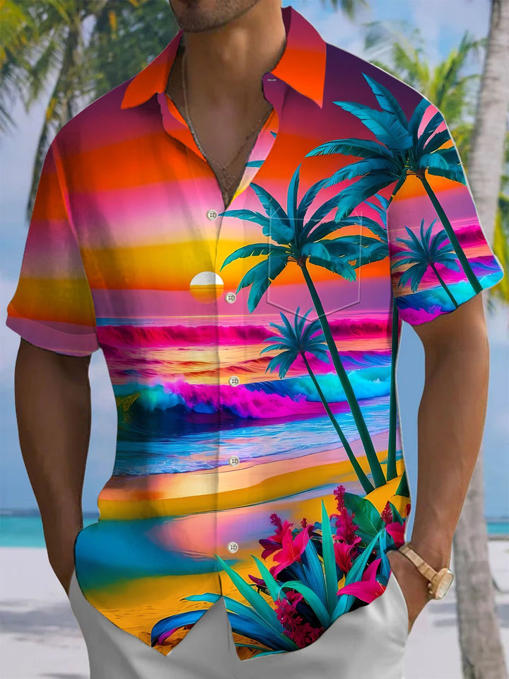Alohadaddy® Hawaii Coconut Tree Beach Print Chest Pocket Men&