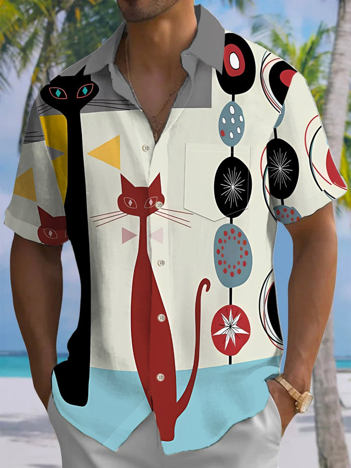 Alohadaddy® Casual Geometric Cartoon Cat Print Art Chest Pocket Men Short Sleeve Shirt Big &amp; Tall