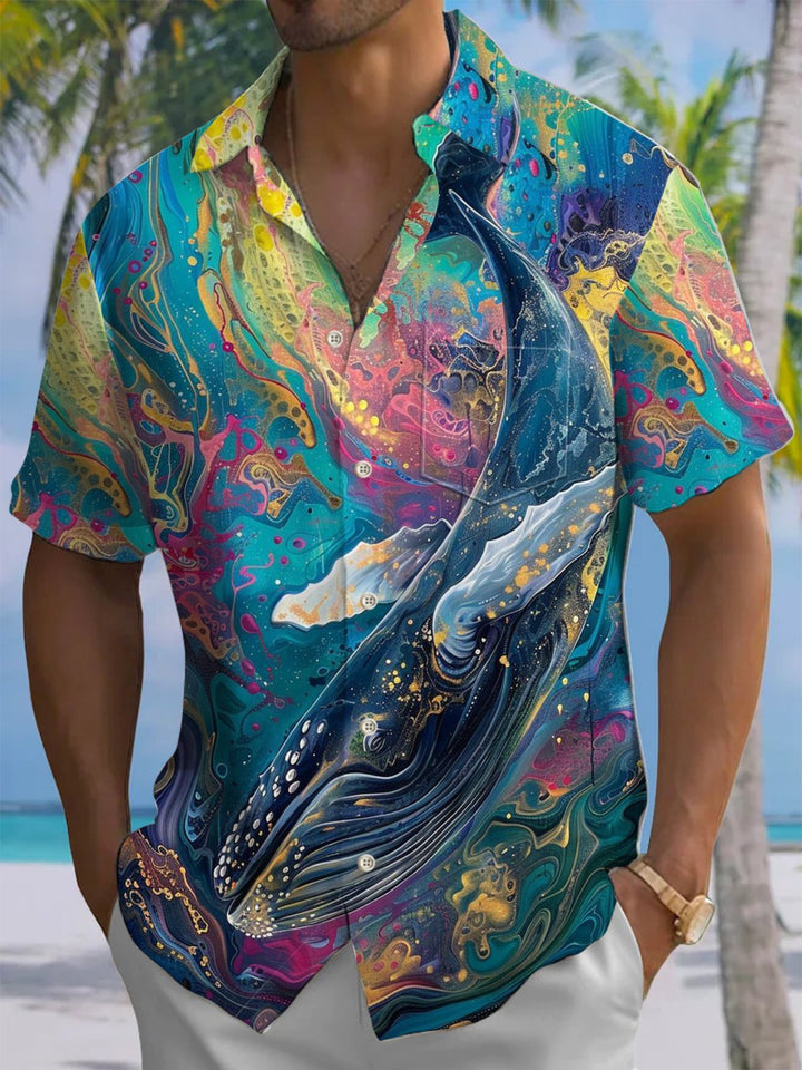 Alohadaddy® Hawaii Whale Flowers Art Print Chest Pocket Mens Short Sleeve Shirt Big &amp; Tall