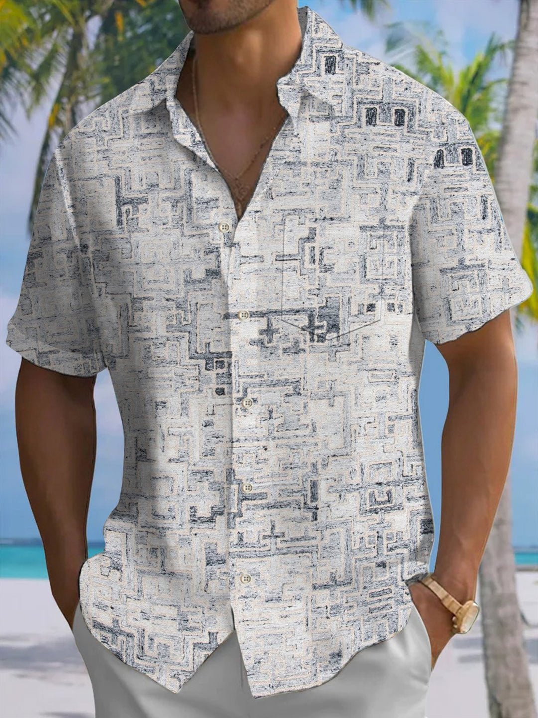 Alohadaddy® Casual Geometric Art Print Chest Pocket Men&