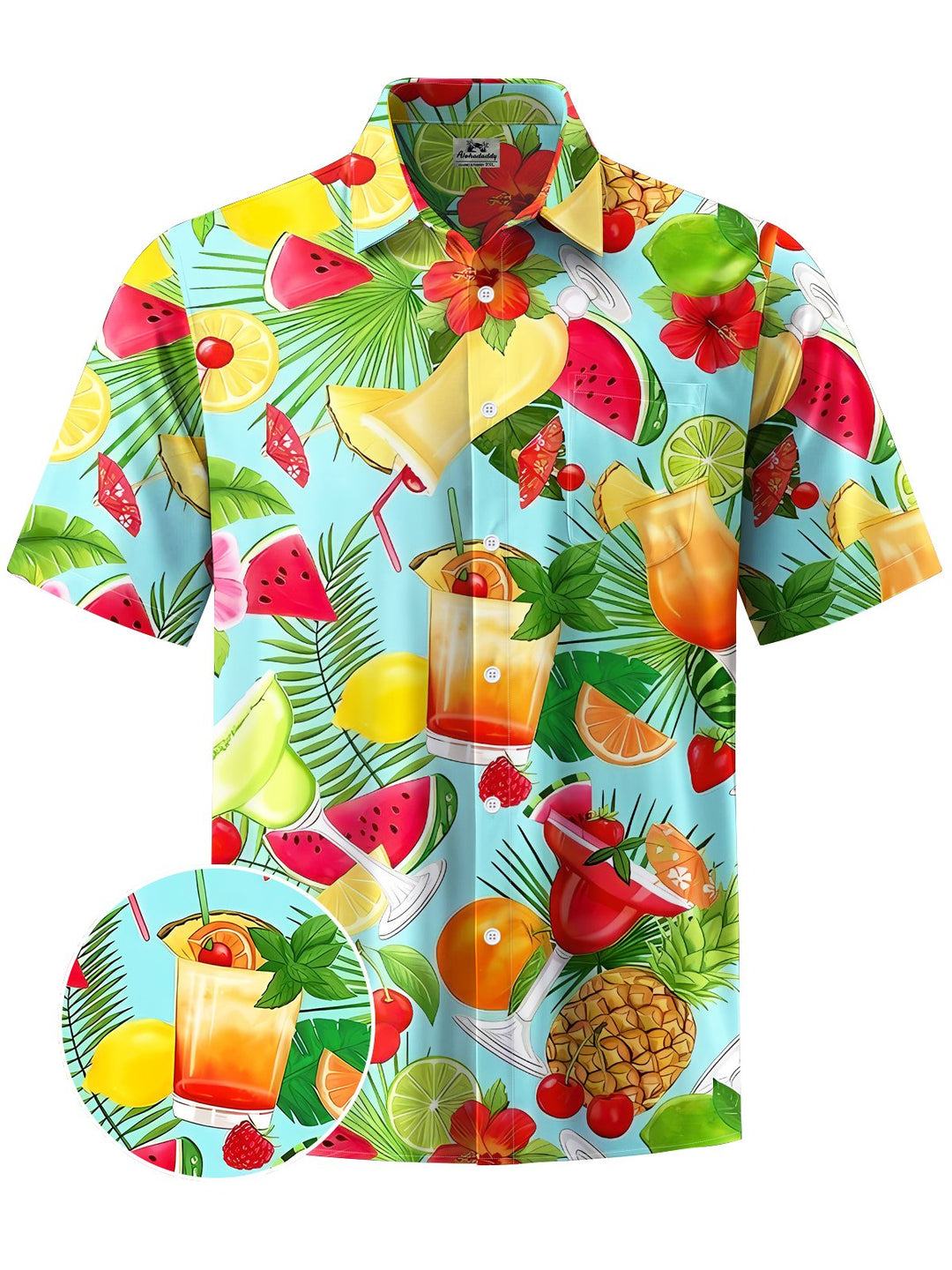 Alohadaddy® Hawaiian Cocktail Palm Leaves Art Print Chest Pocket Mens Short Sleeve Shirt Big &amp; Tall