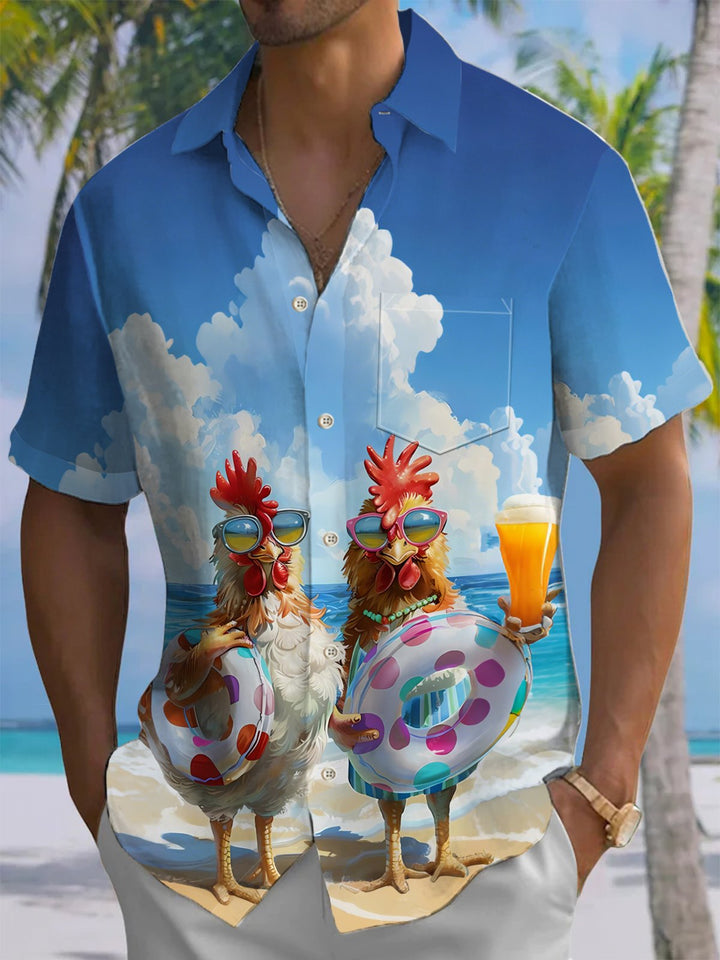 Alohadaddy® Hawaii Rooster Vacation Art Print Chest Pocket Mens Short Sleeve Shirt Big &amp; Tall