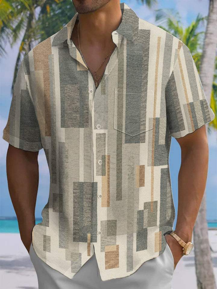 Alohadaddy® Casual Geometric Stripe Art Print Chest Pocket Men&