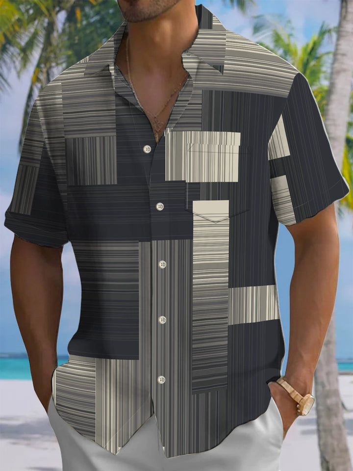 Alohadaddy® Casual Stripe Geometric Art Print Chest Pocket Men&