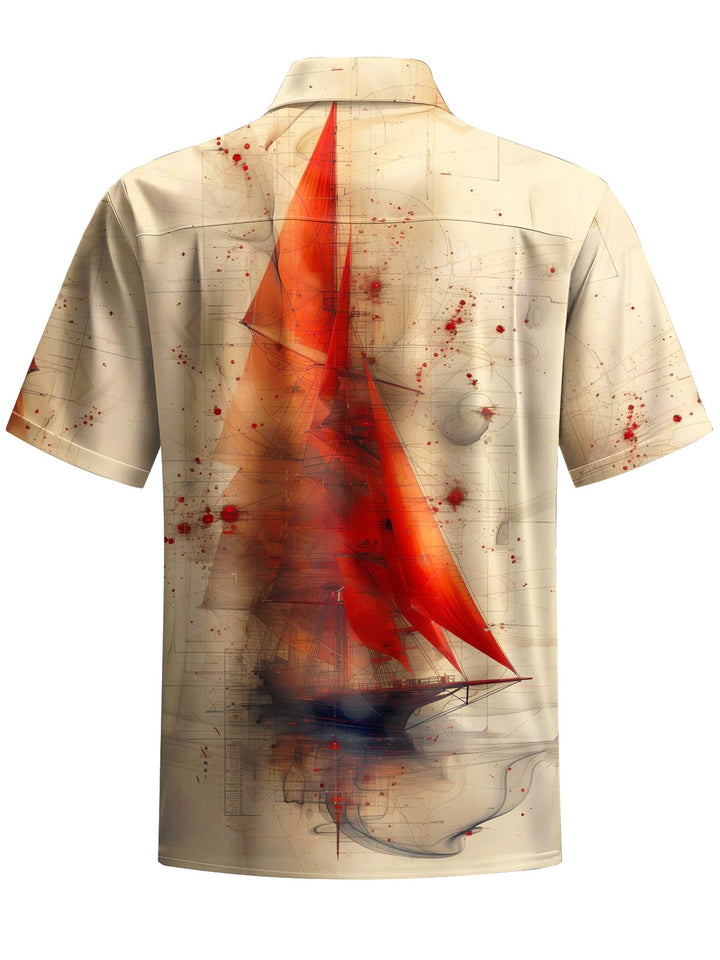 Alohadaddy® Casual Sailboat Printed Chest Pocket Stretch Men&