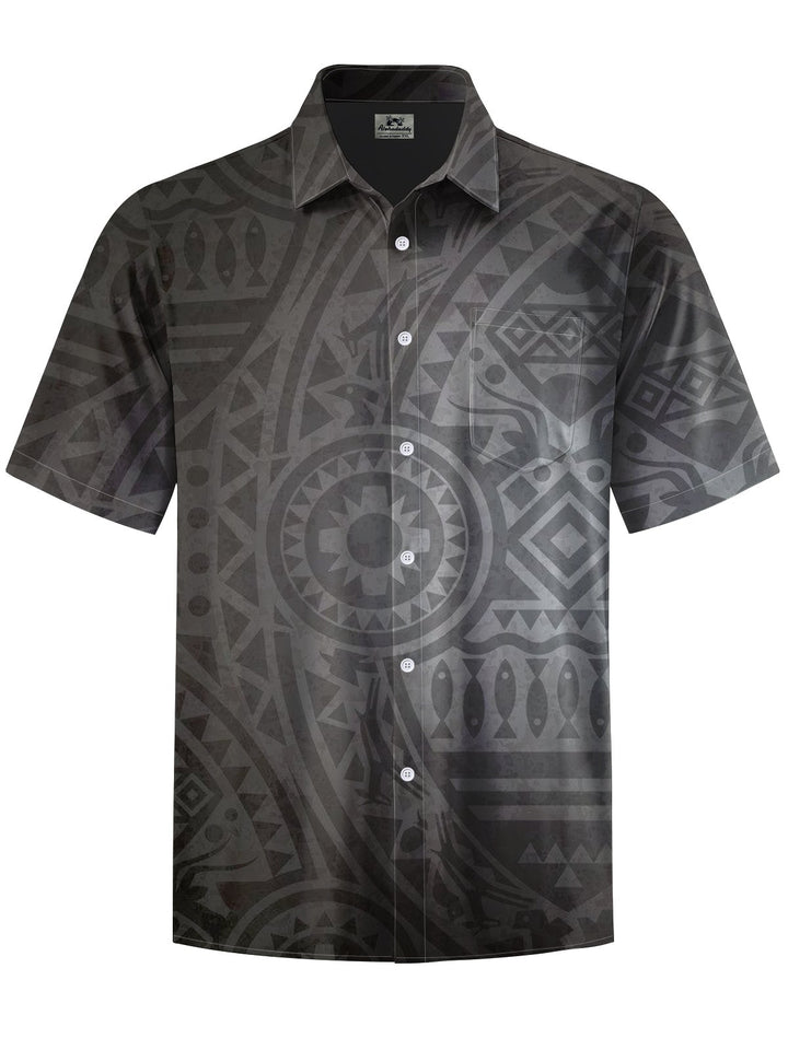Alohadaddy® Casual Geometric Tiki Print Chest Pocket Men&