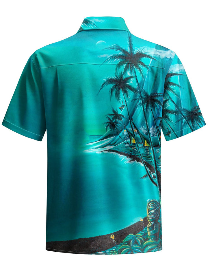 Alohadaddy® Retro Tiki Beach Holiday Art Print Chest Pocket Stretch Men&