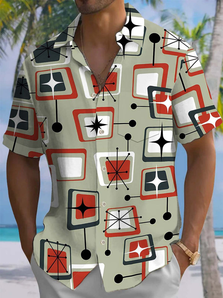 Alohadaddy® Casual Geometric Art Print Chest Pocket Stretch Men&