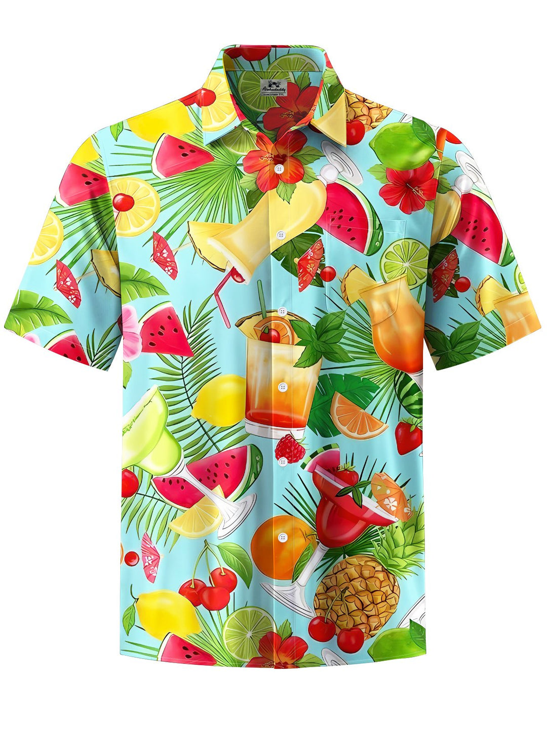 Alohadaddy® Hawaiian Cocktail Palm Leaves Art Print Chest Pocket Mens Short Sleeve Shirt Big &amp; Tall