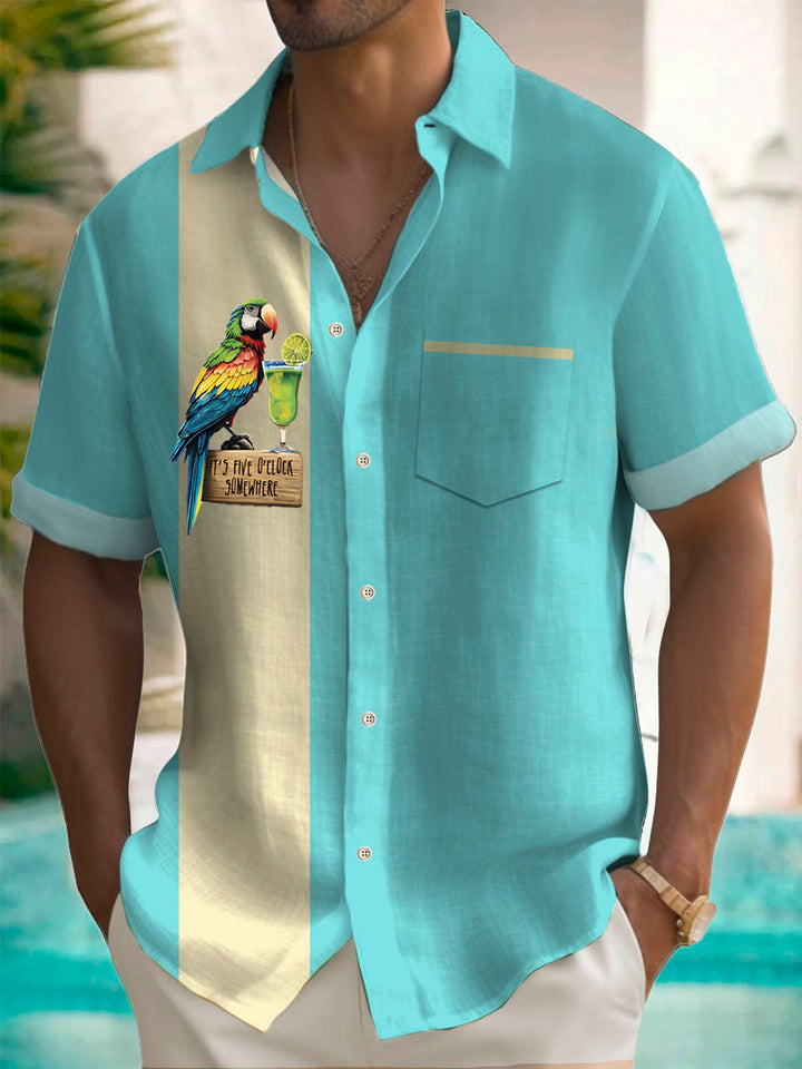 Chemise à manches courtes et poches boutonnées pour homme avec imprimé cocktail perroquet hawaïen Alohadaddy