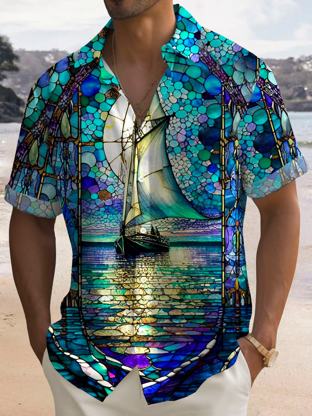 Camisa de manga corta con bolsillo abotonado para hombre con estampado de pintura al óleo y arte de navegación hawaiana de Alohadaddy