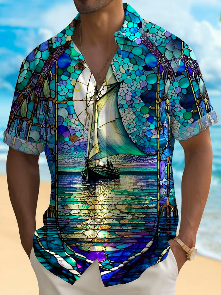 Camisa de manga corta con bolsillo abotonado para hombre con estampado de pintura al óleo y arte de navegación hawaiana de Alohadaddy