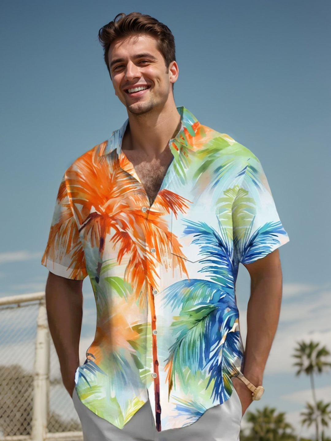 Chemise décontractée à manches courtes avec poche boutonnée et motif cocotier sur la plage d&