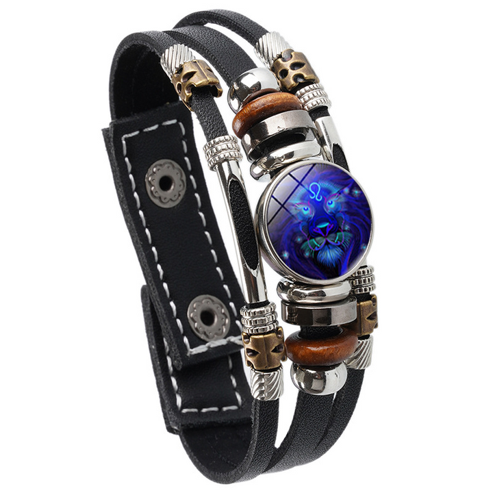 Pulsera de cuero trenzada con hebilla de cuentas de tres capas luminosa con doce constelaciones
