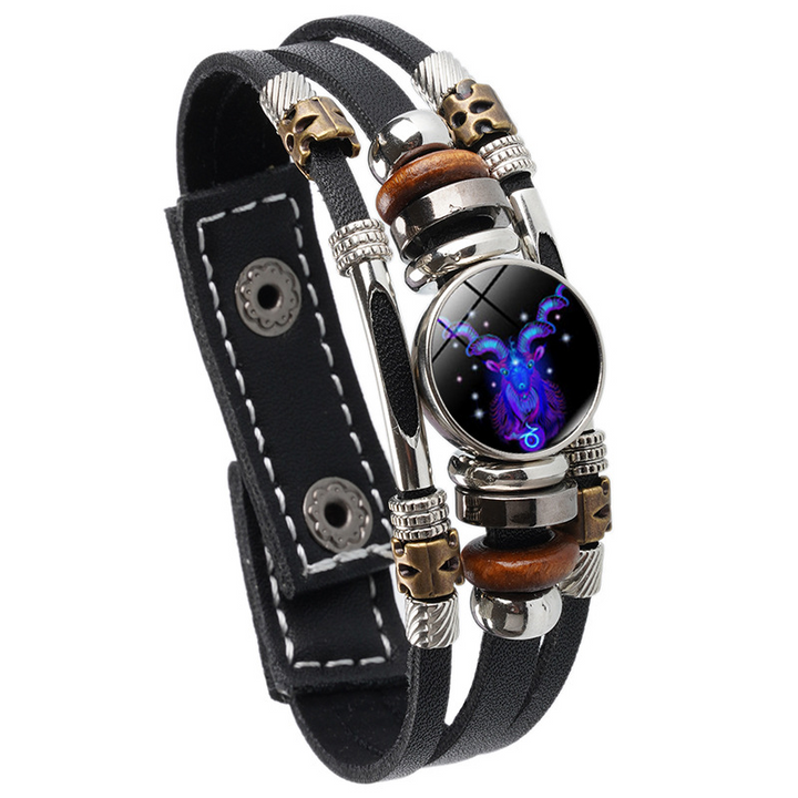 Pulsera de cuero trenzada con hebilla de cuentas de tres capas luminosa con doce constelaciones