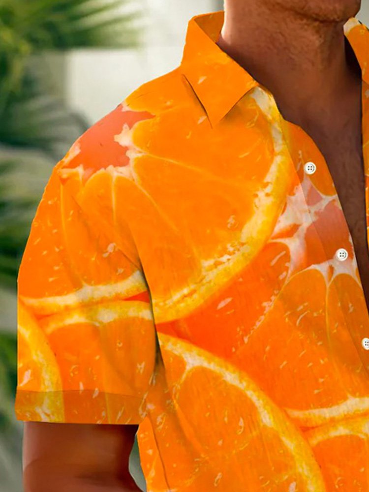 Camisa de manga corta con bolsillos y botones para hombre con estampado hawaiano de rodajas de naranja de Alohadaddy