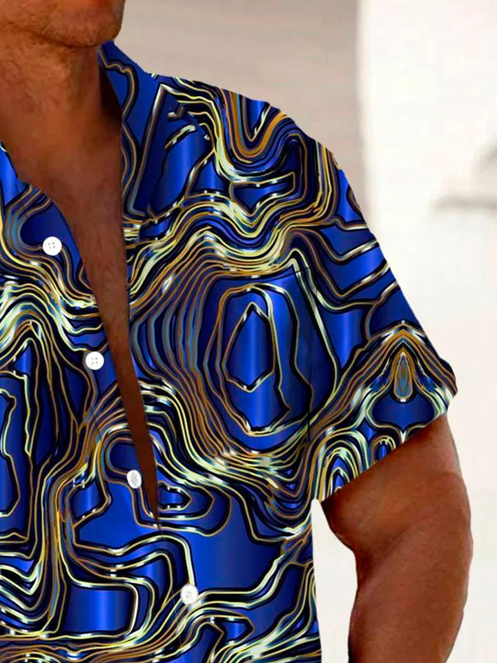 Camisa de manga corta con bolsillo abotonado para hombre con estampado dorado 3D texturizado de arte retro Alohadaddy