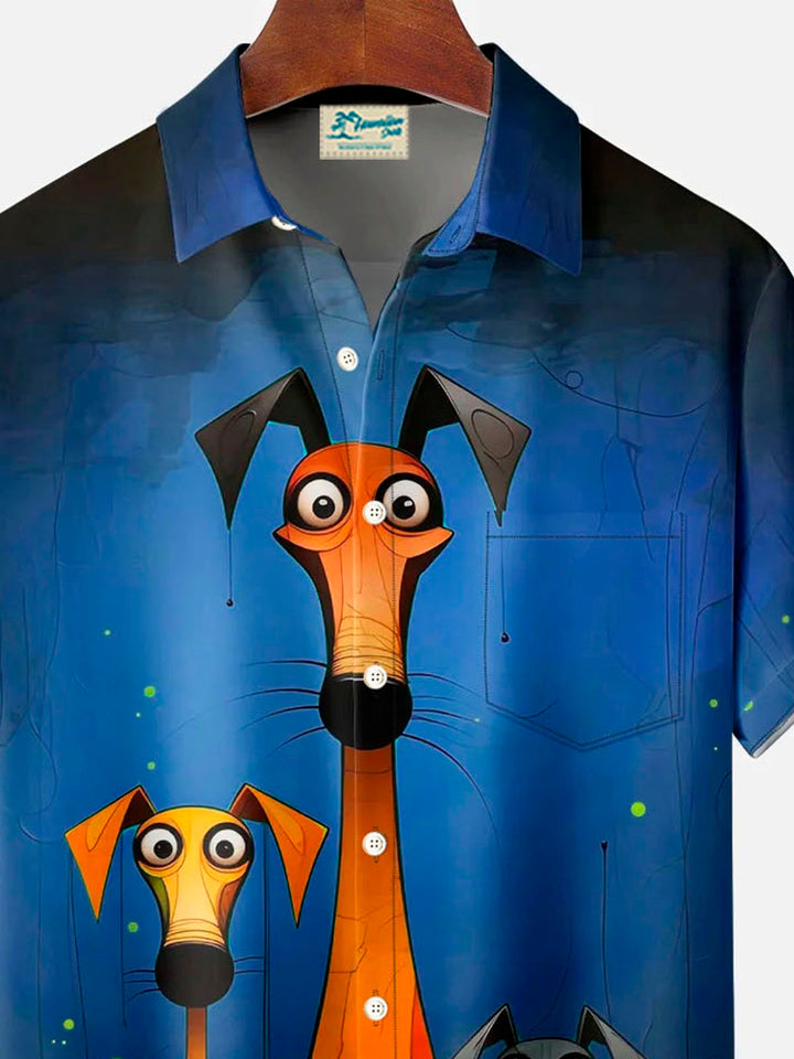 Camisa de manga corta con bolsillo abotonado y estampado digital 3D de perro retro Alohadaddy para hombre, talla grande y alta