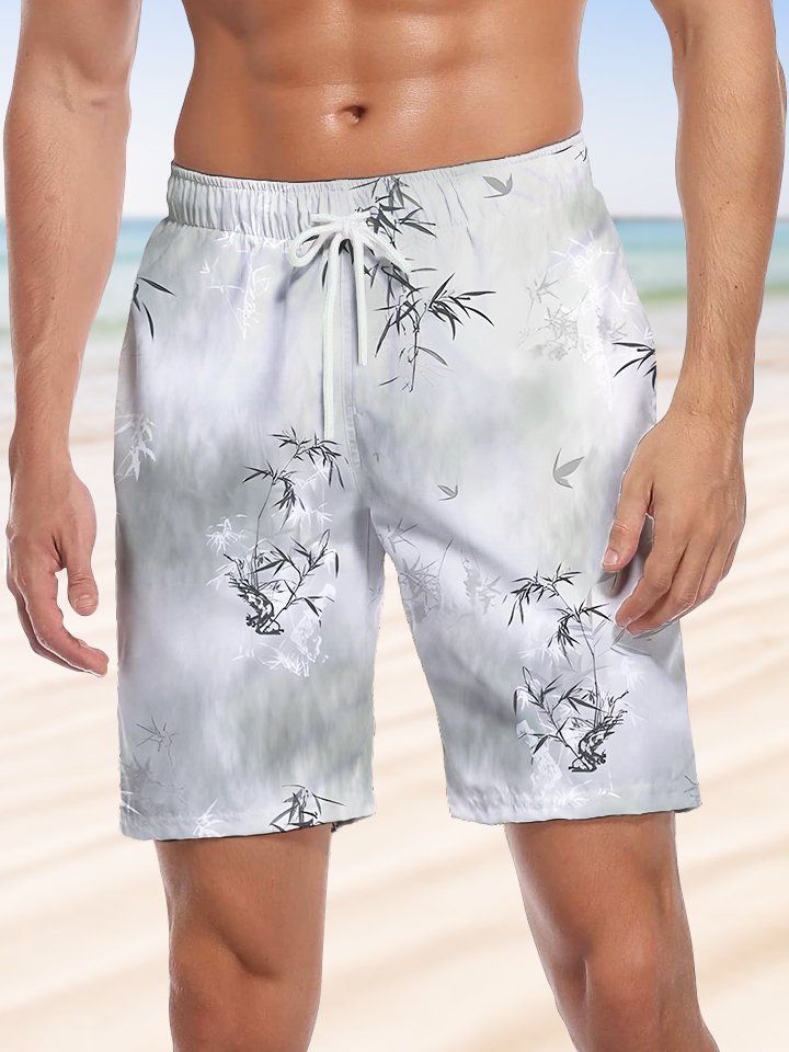 Alohadaddy Vacation Hawaii Bamboo Print Art Elastic Waist Drawstring Pockets Elastic Oversized Shorts Boardshorts