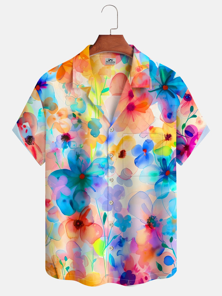 Alohadaddy® Casual Floral Abstract Smudge Print Art Chest Pocket Elastic Oversized Hawaiian Cuban Collar Shirt