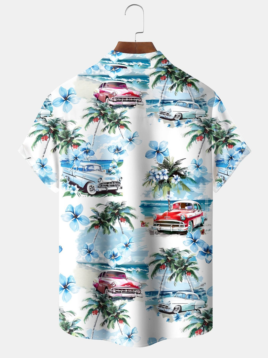 Alohadaddy® Vintage Car Palm Tree Print Art Pockets Moisture Wicking Oversized Stretch Hawaiian Shirt
