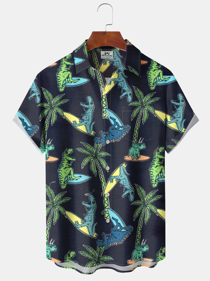 Alohadaddy® Vintage Palm Trees Dinosaurs Print Art Pockets Moisture Wicking Hawaiian Shirt Big &amp; Tall