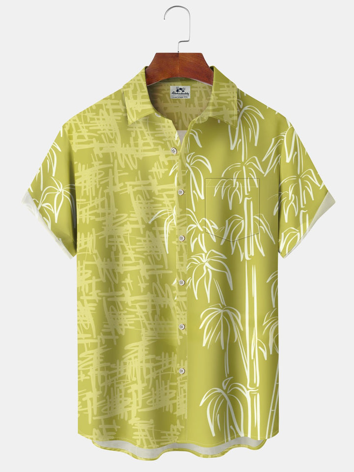 Alohadaddy® Hawaiian Asymmetric Bamboo Art Print Pockets Large Size Stretch Men&