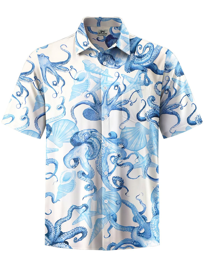 Alohadaddy® Hawaiian Octopus Art Print Chest Pocket Mens Short Sleeve Shirt Big &amp; Tall