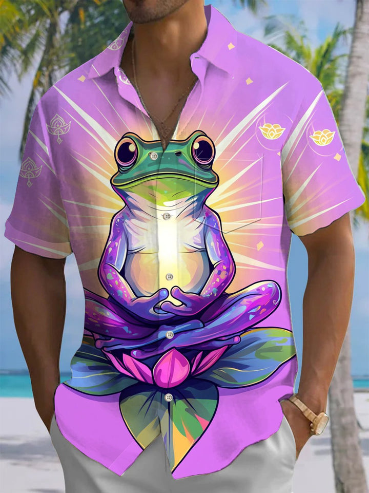 Alohadaddy® Hawaiian Frog Art Print Chest Pocket Mens Short Sleeve Shirts Big &amp; Tall