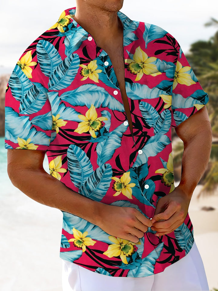 Alohadaddy® Hawaiian Flowers Art Print Chest Pocket Mens Short Sleeve Shirt Big &amp; Tall