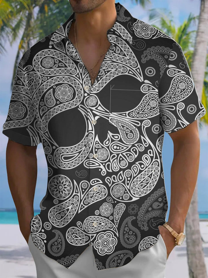Alohadaddy® Casual Skull Paisley Art Print Chest Pocket Men&
