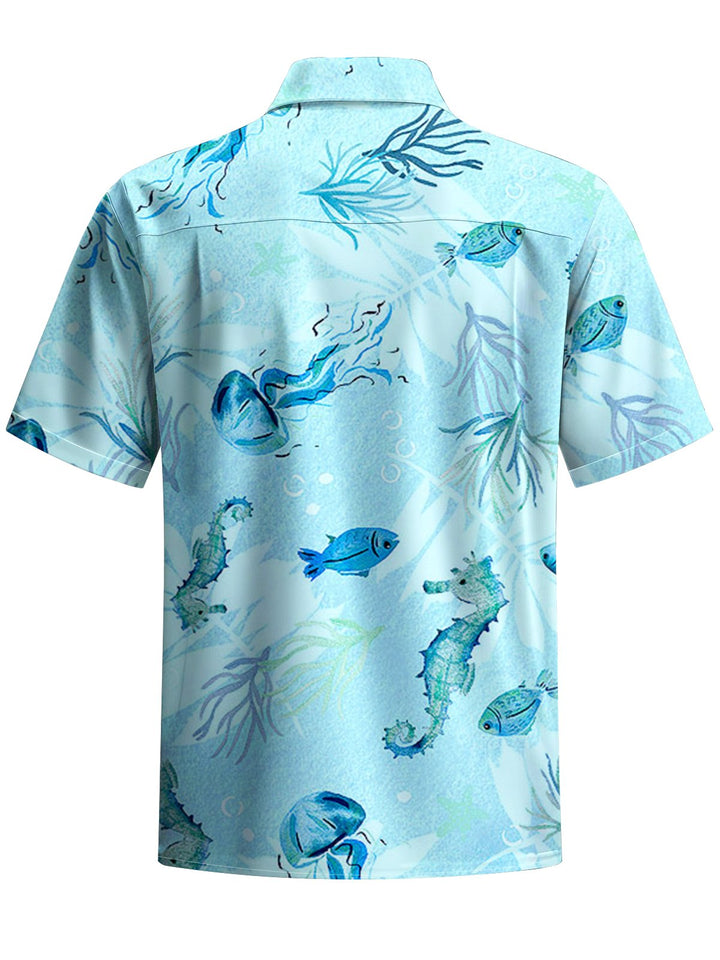 Alohadaddy® Hawaiian Ocean Seahorse Print Chest Pocket Men&