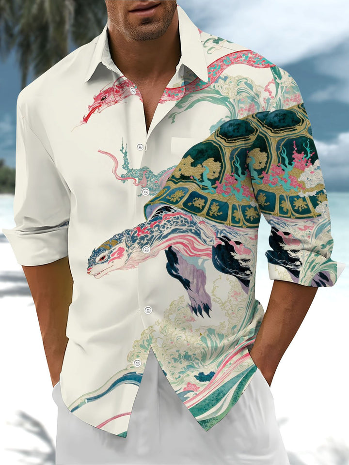 Alohadaddy® Casual Ukiyo-e Turtle Print Art Pocket Stretch Men&