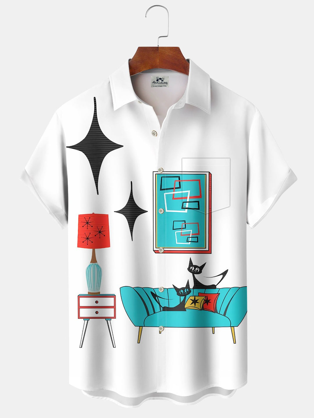 Alohadaddy® Retro Atomic Geometric Cat Print Pocket Elastic Button Men&